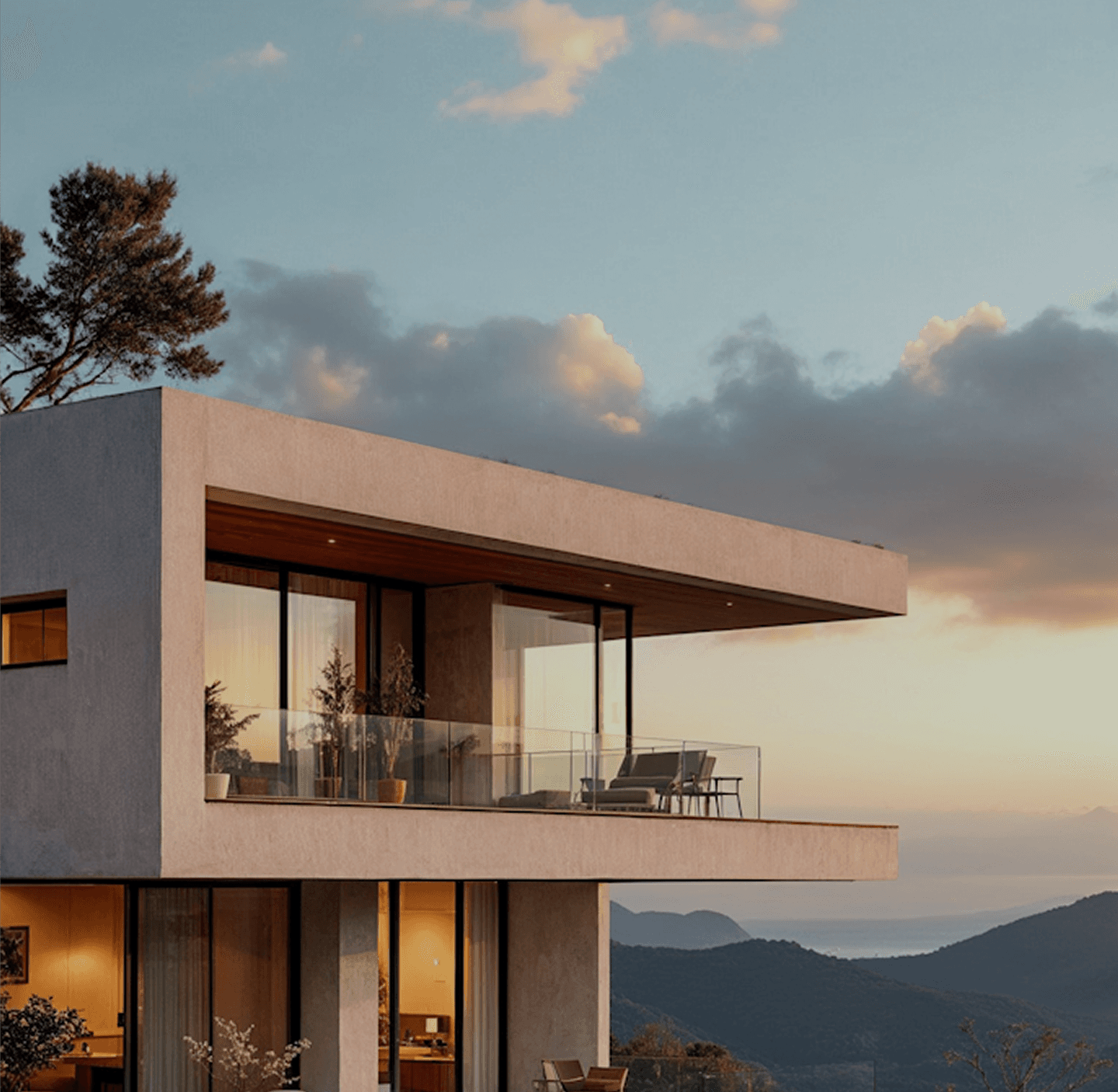 Modern hillside residence at dusk